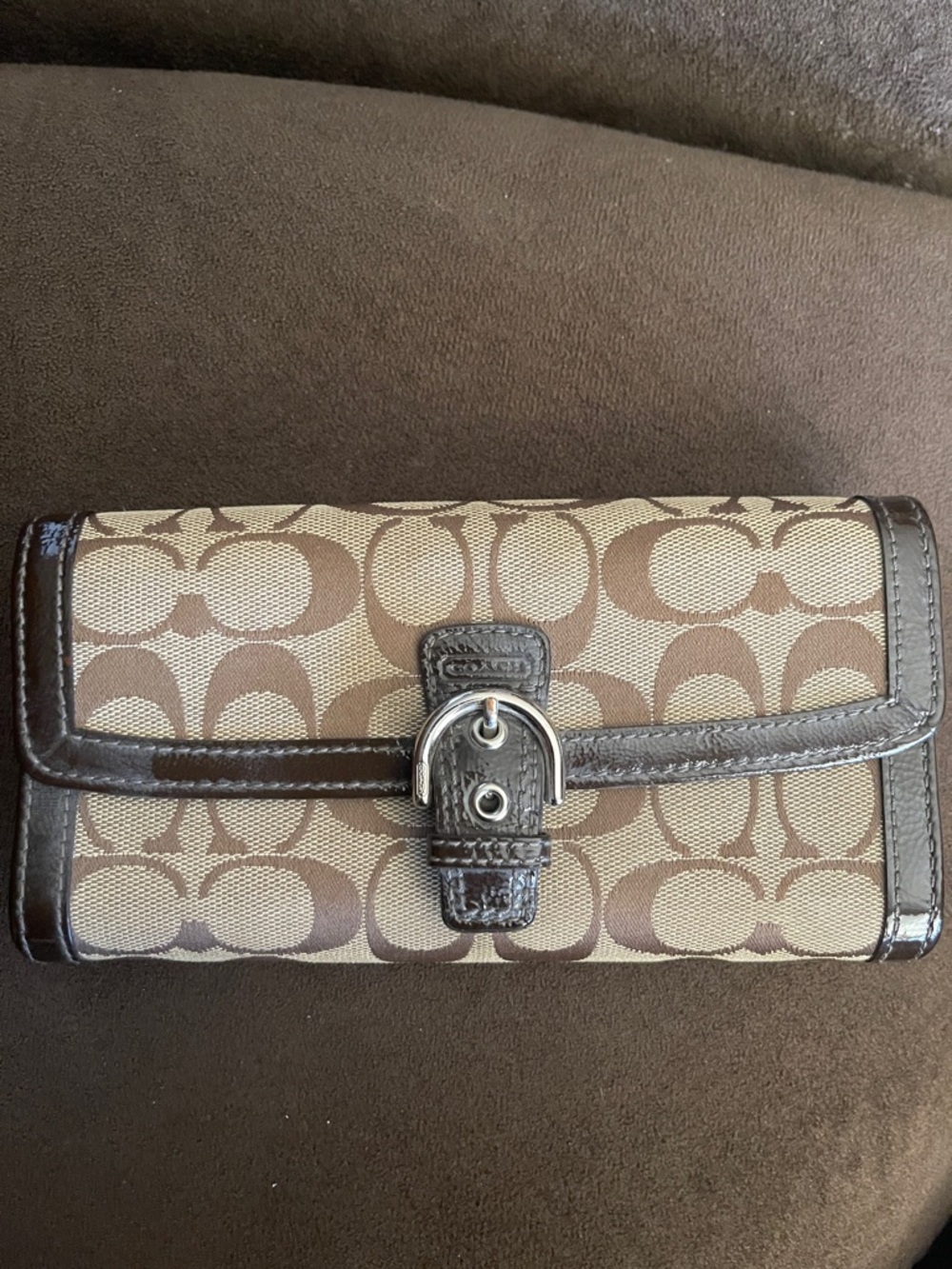 Coach Brown Signature Canvas Buckle Wallet